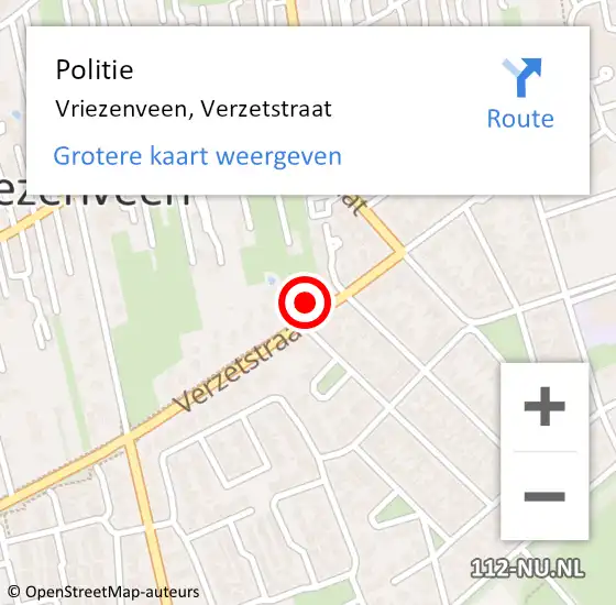 Locatie op kaart van de 112 melding: Politie Vriezenveen, Verzetstraat op 7 oktober 2022 07:43