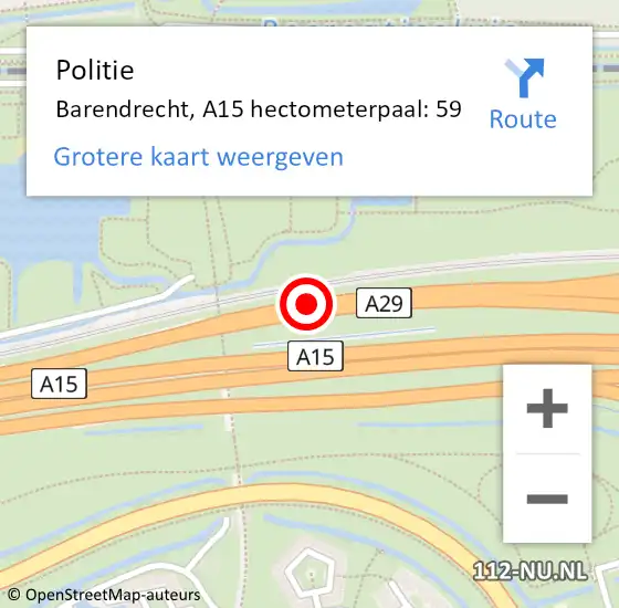 Locatie op kaart van de 112 melding: Politie Barendrecht, A15 hectometerpaal: 59 op 7 oktober 2022 09:19