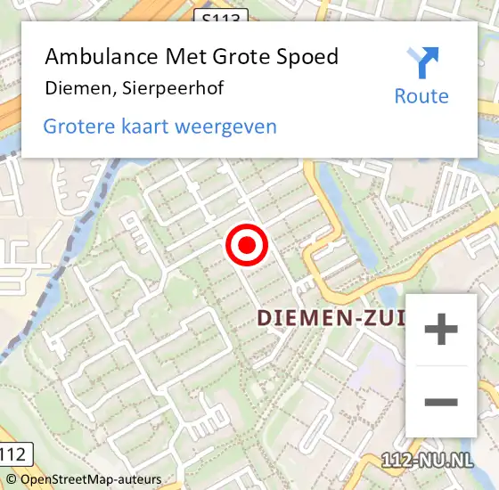 Locatie op kaart van de 112 melding: Ambulance Met Grote Spoed Naar Diemen, Sierpeerhof op 7 oktober 2022 10:01