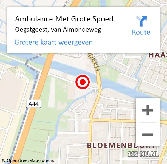 Locatie op kaart van de 112 melding: Ambulance Met Grote Spoed Naar Oegstgeest, van Almondeweg op 7 oktober 2022 11:33