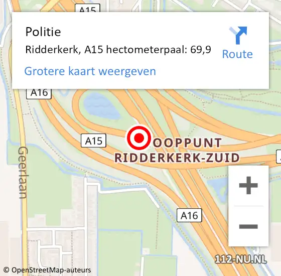 Locatie op kaart van de 112 melding: Politie Ridderkerk, A15 hectometerpaal: 69,9 op 7 oktober 2022 11:59