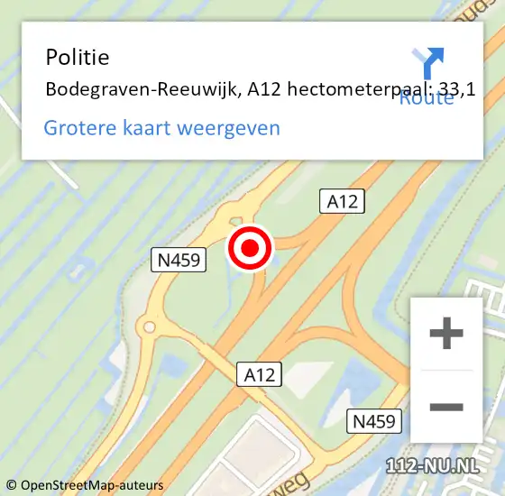 Locatie op kaart van de 112 melding: Politie Bodegraven-Reeuwijk, A12 hectometerpaal: 33,1 op 7 oktober 2022 12:41