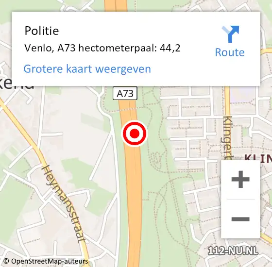 Locatie op kaart van de 112 melding: Politie Venlo, A73 hectometerpaal: 44,2 op 7 oktober 2022 15:16