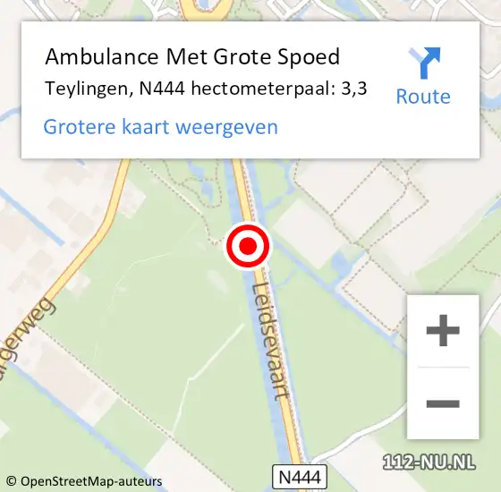 Locatie op kaart van de 112 melding: Ambulance Met Grote Spoed Naar Teylingen, N444 hectometerpaal: 3,3 op 7 oktober 2022 16:45