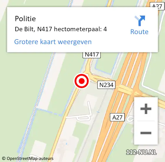 Locatie op kaart van de 112 melding: Politie De Bilt, N417 hectometerpaal: 4 op 7 oktober 2022 17:09