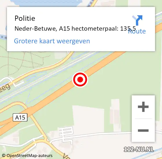 Locatie op kaart van de 112 melding: Politie Neder-Betuwe, A15 hectometerpaal: 135,5 op 7 oktober 2022 19:34