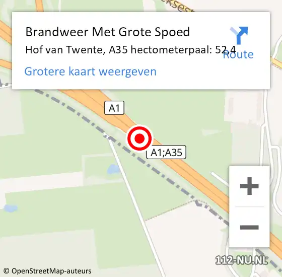 Locatie op kaart van de 112 melding: Brandweer Met Grote Spoed Naar Hof van Twente, A35 hectometerpaal: 52,4 op 7 oktober 2022 20:43