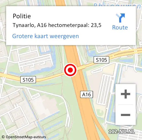 Locatie op kaart van de 112 melding: Politie Tynaarlo, A16 hectometerpaal: 23,5 op 7 oktober 2022 21:23