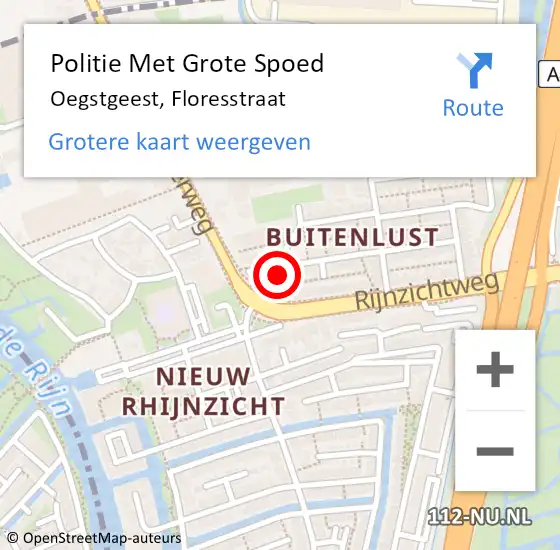 Locatie op kaart van de 112 melding: Politie Met Grote Spoed Naar Oegstgeest, Floresstraat op 7 oktober 2022 22:34