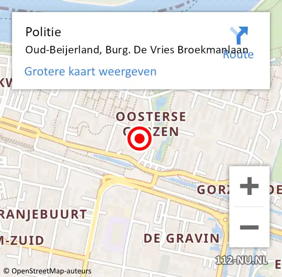 Locatie op kaart van de 112 melding: Politie Oud-Beijerland, Burg. De Vries Broekmanlaan op 7 oktober 2022 23:31