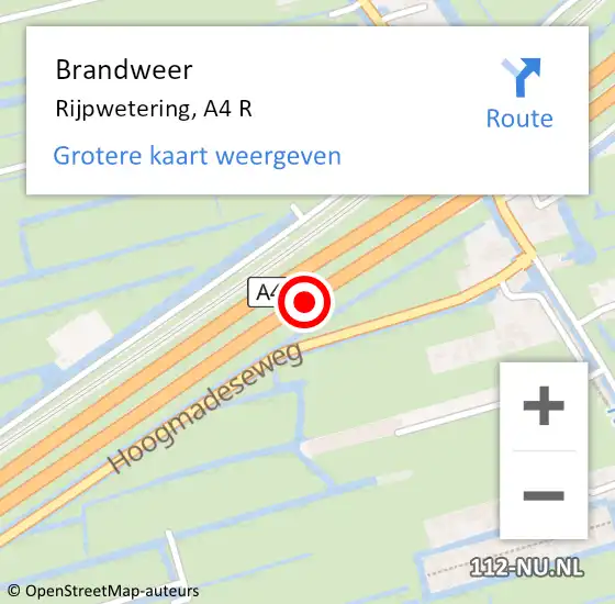 Locatie op kaart van de 112 melding: Brandweer Rijpwetering, A4 R hectometerpaal: 23,0 op 31 juli 2014 18:24