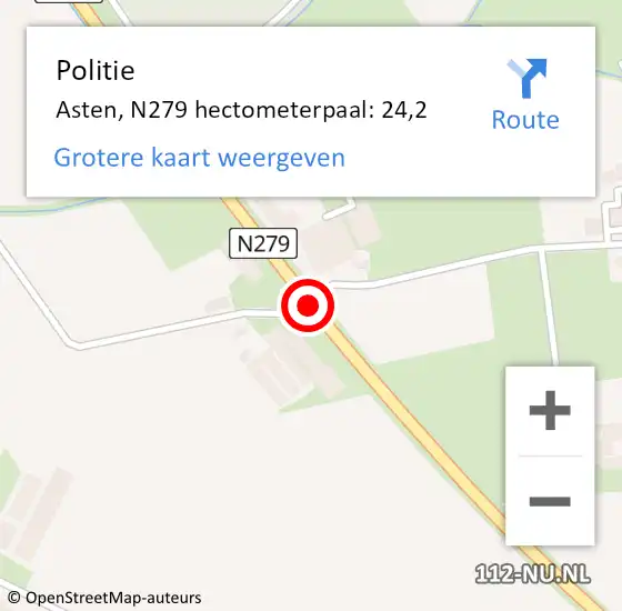 Locatie op kaart van de 112 melding: Politie Asten, N279 hectometerpaal: 24,2 op 8 oktober 2022 01:48