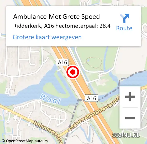 Locatie op kaart van de 112 melding: Ambulance Met Grote Spoed Naar Ridderkerk, A16 hectometerpaal: 28,4 op 8 oktober 2022 04:24