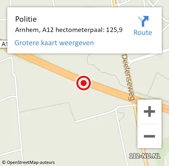 Locatie op kaart van de 112 melding: Politie Arnhem, A12 hectometerpaal: 125,9 op 8 oktober 2022 09:34