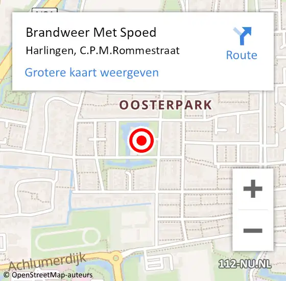 Locatie op kaart van de 112 melding: Brandweer Met Spoed Naar Harlingen, C.P.M.Rommestraat op 8 oktober 2022 09:49