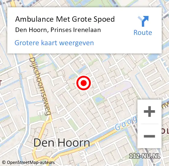 Locatie op kaart van de 112 melding: Ambulance Met Grote Spoed Naar Den Hoorn, Prinses Irenelaan op 8 oktober 2022 09:59