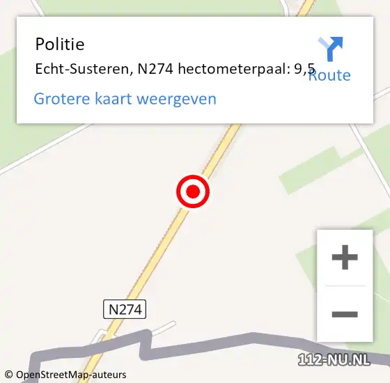 Locatie op kaart van de 112 melding: Politie Echt-Susteren, N274 hectometerpaal: 9,5 op 8 oktober 2022 11:55