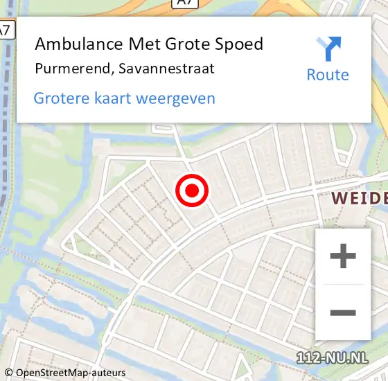 Locatie op kaart van de 112 melding: Ambulance Met Grote Spoed Naar Purmerend, Savannestraat op 8 oktober 2022 12:42