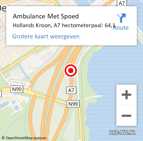 Locatie op kaart van de 112 melding: Ambulance Met Spoed Naar Hollands Kroon, A7 hectometerpaal: 64,1 op 8 oktober 2022 12:57