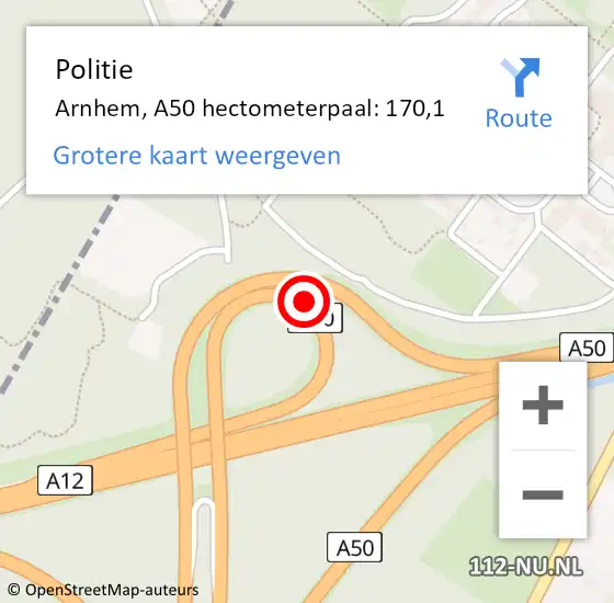 Locatie op kaart van de 112 melding: Politie Arnhem, A50 hectometerpaal: 170,1 op 8 oktober 2022 15:15