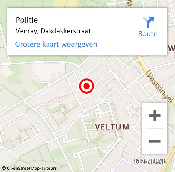 Locatie op kaart van de 112 melding: Politie Venray, Dakdekkerstraat op 8 oktober 2022 15:50