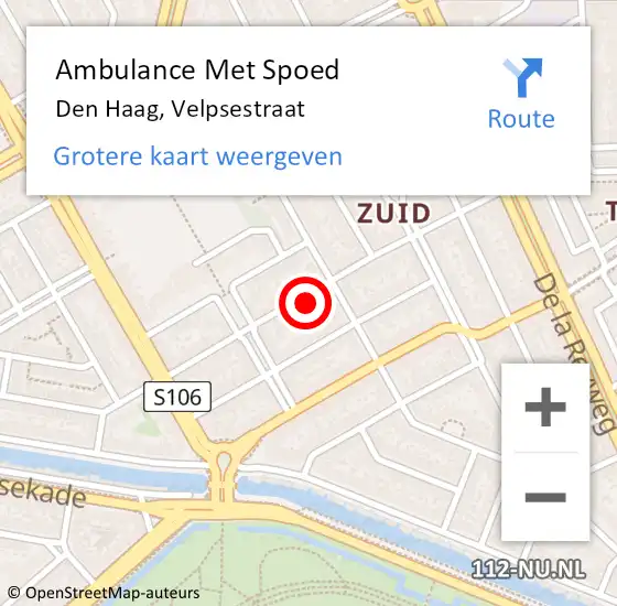 Locatie op kaart van de 112 melding: Ambulance Met Spoed Naar Den Haag, Velpsestraat op 8 oktober 2022 21:01