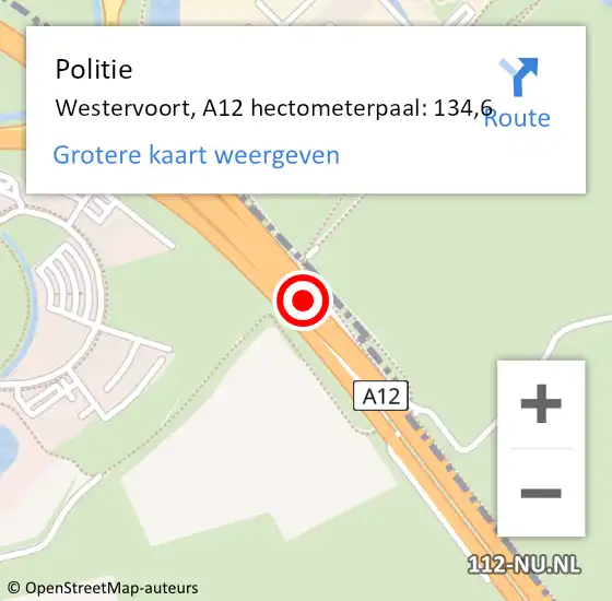 Locatie op kaart van de 112 melding: Politie Westervoort, A12 hectometerpaal: 134,6 op 8 oktober 2022 21:47