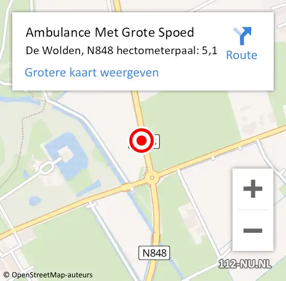 Locatie op kaart van de 112 melding: Ambulance Met Grote Spoed Naar De Wolden, N848 hectometerpaal: 5,1 op 9 oktober 2022 02:48
