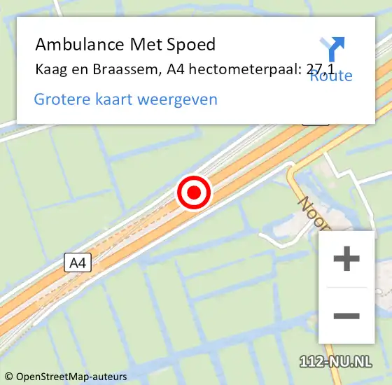 Locatie op kaart van de 112 melding: Ambulance Met Spoed Naar Kaag en Braassem, A4 hectometerpaal: 27,1 op 9 oktober 2022 06:08