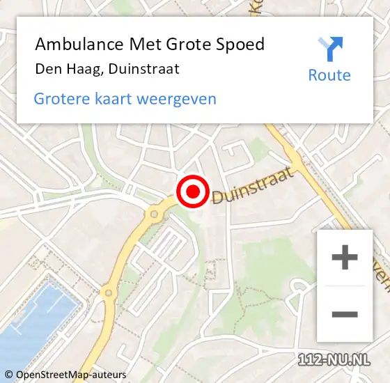 Locatie op kaart van de 112 melding: Ambulance Met Grote Spoed Naar Den Haag, Duinstraat op 9 oktober 2022 06:44