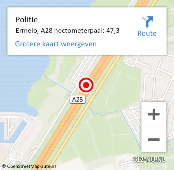 Locatie op kaart van de 112 melding: Politie Ermelo, A28 hectometerpaal: 47,3 op 9 oktober 2022 09:09