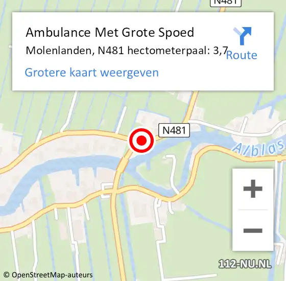 Locatie op kaart van de 112 melding: Ambulance Met Grote Spoed Naar Molenlanden, N481 hectometerpaal: 3,7 op 9 oktober 2022 12:02