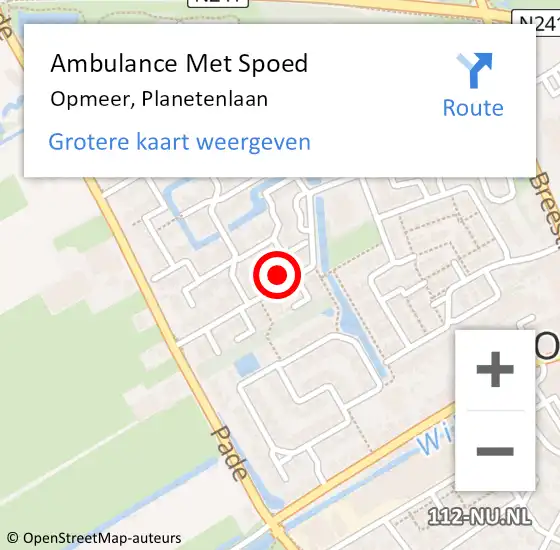 Locatie op kaart van de 112 melding: Ambulance Met Spoed Naar Opmeer, Planetenlaan op 9 oktober 2022 14:04