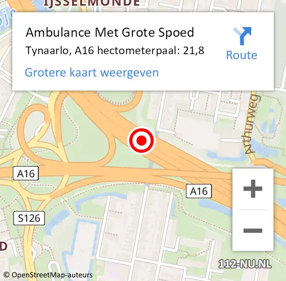 Locatie op kaart van de 112 melding: Ambulance Met Grote Spoed Naar Tynaarlo, A16 hectometerpaal: 21,8 op 9 oktober 2022 15:36
