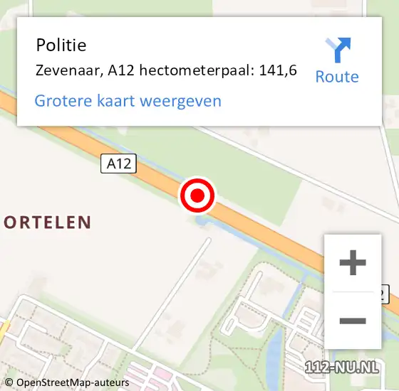 Locatie op kaart van de 112 melding: Politie Zevenaar, A12 hectometerpaal: 141,6 op 9 oktober 2022 16:00