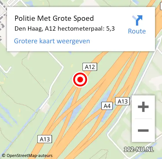 Locatie op kaart van de 112 melding: Politie Met Grote Spoed Naar Den Haag, A12 hectometerpaal: 5,3 op 9 oktober 2022 16:46