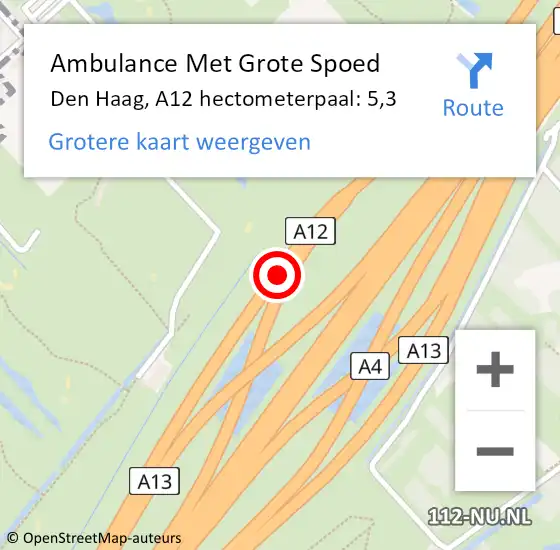 Locatie op kaart van de 112 melding: Ambulance Met Grote Spoed Naar Den Haag, A12 hectometerpaal: 5,3 op 9 oktober 2022 16:50