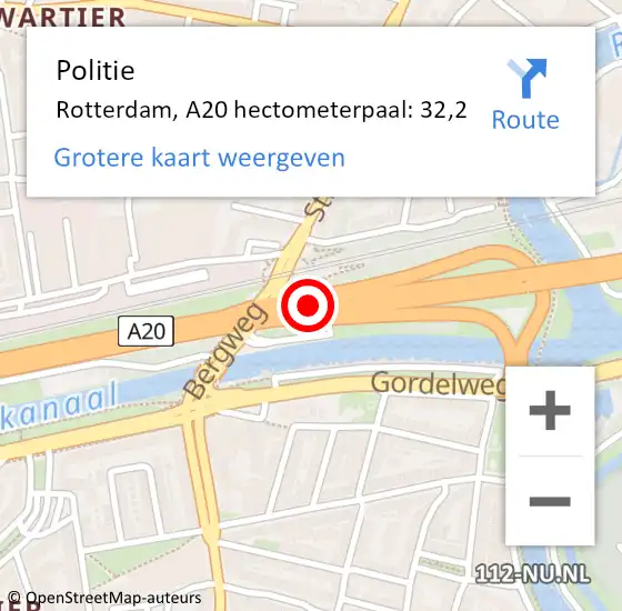 Locatie op kaart van de 112 melding: Politie Rotterdam, A20 hectometerpaal: 32,2 op 9 oktober 2022 16:53