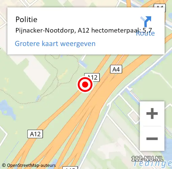 Locatie op kaart van de 112 melding: Politie Den Haag, A12 hectometerpaal: 5,7 op 9 oktober 2022 17:55