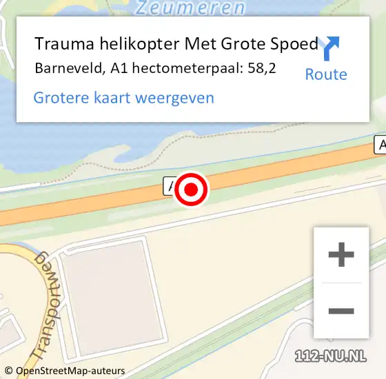Locatie op kaart van de 112 melding: Trauma helikopter Met Grote Spoed Naar Barneveld, A1 hectometerpaal: 58,2 op 9 oktober 2022 19:08
