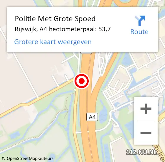 Locatie op kaart van de 112 melding: Politie Met Grote Spoed Naar Rijswijk, A4 hectometerpaal: 53,7 op 9 oktober 2022 19:16