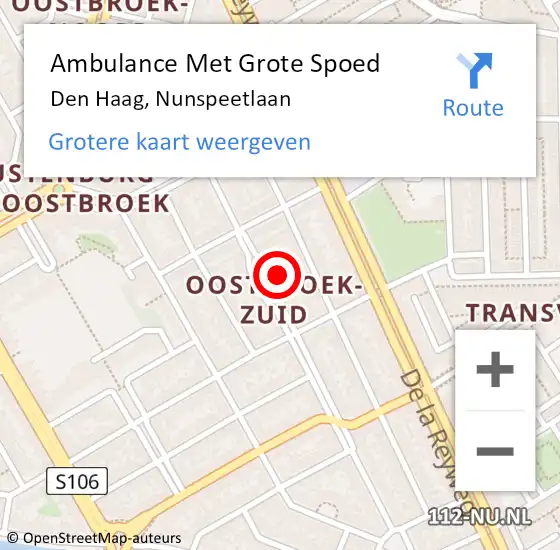 Locatie op kaart van de 112 melding: Ambulance Met Grote Spoed Naar Den Haag, Nunspeetlaan op 9 oktober 2022 19:36