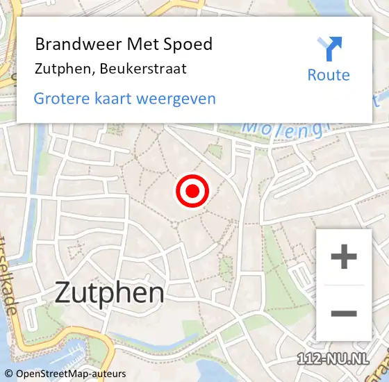 Locatie op kaart van de 112 melding: Brandweer Met Spoed Naar Zutphen, Beukerstraat op 9 oktober 2022 20:40