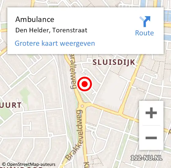 Locatie op kaart van de 112 melding: Ambulance Den Helder, Torenstraat op 9 oktober 2022 22:31