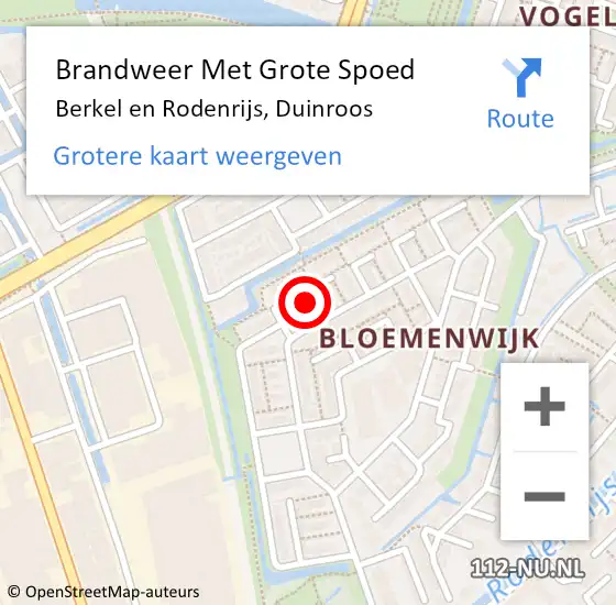 Locatie op kaart van de 112 melding: Brandweer Met Grote Spoed Naar Berkel en Rodenrijs, Duinroos op 10 oktober 2022 02:28