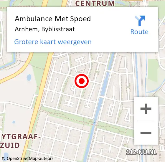 Locatie op kaart van de 112 melding: Ambulance Met Spoed Naar Arnhem, Byblisstraat op 10 oktober 2022 04:57