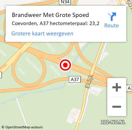 Locatie op kaart van de 112 melding: Brandweer Met Grote Spoed Naar Coevorden, A37 hectometerpaal: 23,2 op 10 oktober 2022 05:59