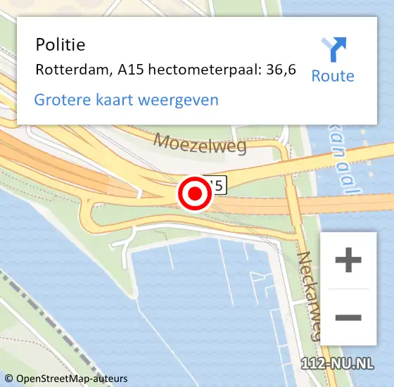 Locatie op kaart van de 112 melding: Politie Rotterdam, A15 hectometerpaal: 36,6 op 10 oktober 2022 07:25