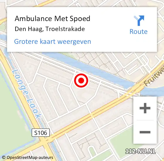 Locatie op kaart van de 112 melding: Ambulance Met Spoed Naar Den Haag, Troelstrakade op 10 oktober 2022 10:27