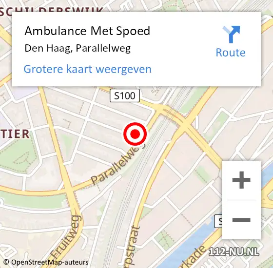 Locatie op kaart van de 112 melding: Ambulance Met Spoed Naar Den Haag, Parallelweg op 10 oktober 2022 14:23